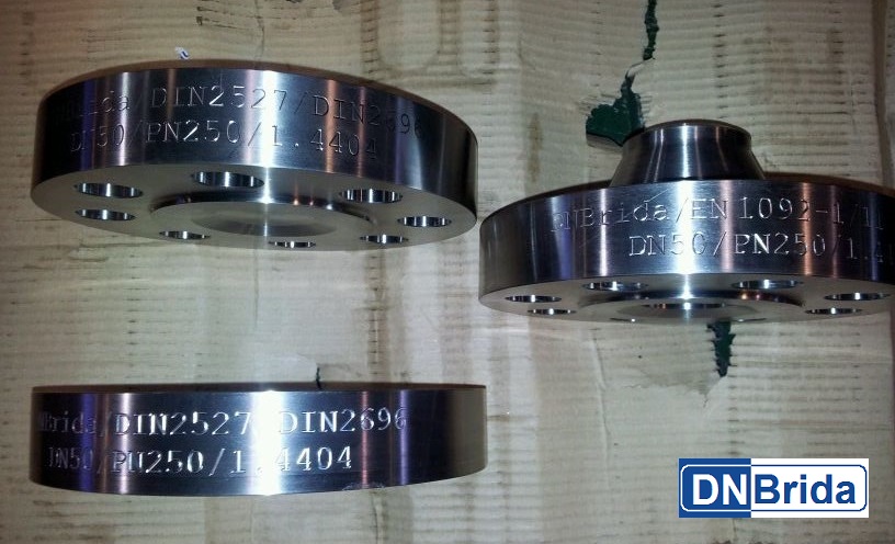 Bridas ciegas DIN-2527 y brida con cuello soldar EN-1092-1-11<br>DN50 PN250<br>Material: acero inoxidable AISI-316L